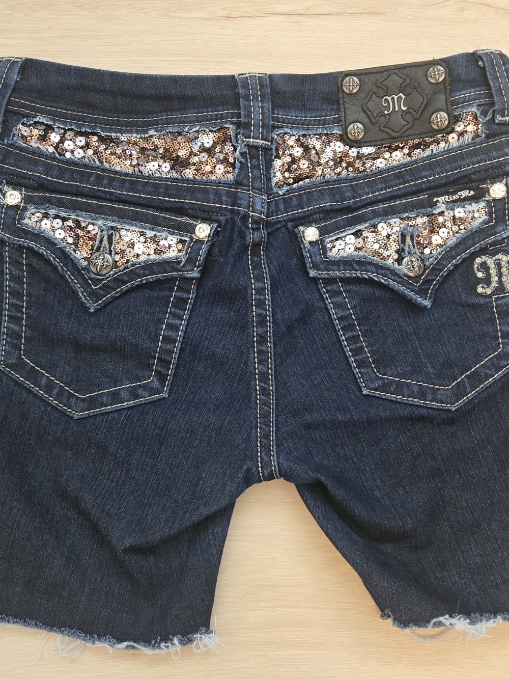 Miss Me Dark Blue Denim Boyfriend Shorts with Sequin Accent